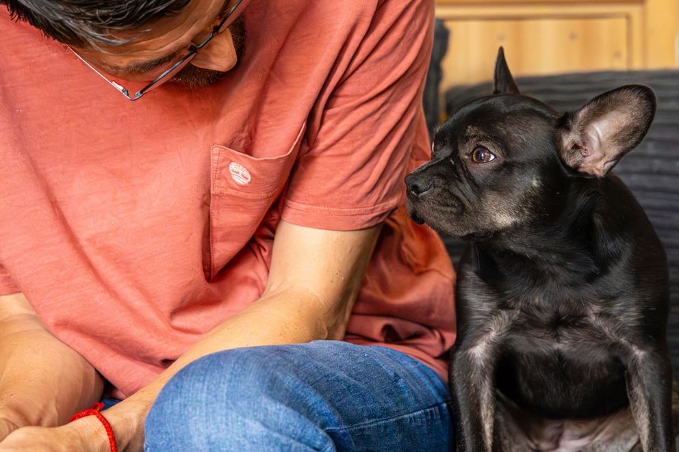 A man looking down affectionately at a small black dog who is sitting attentively beside him.